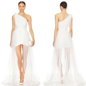 SAU LEE Sidney One Shoulder Ruched Tulle Mini Dress with Detachable Train Sz 10